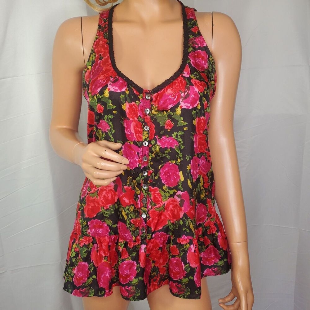 Velvet 100% Silk Sleeveless Rose Print Blouse with Ruffle Pink & Red Small